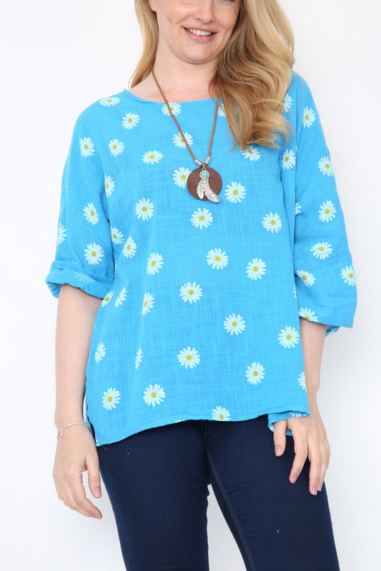 Ladies Daisies Floral Print Top Turquoise