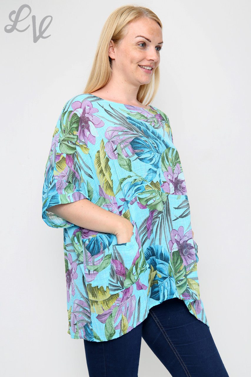 Dames Top met Tropische Print Turkoois - Eenheidsprijs € 9,99