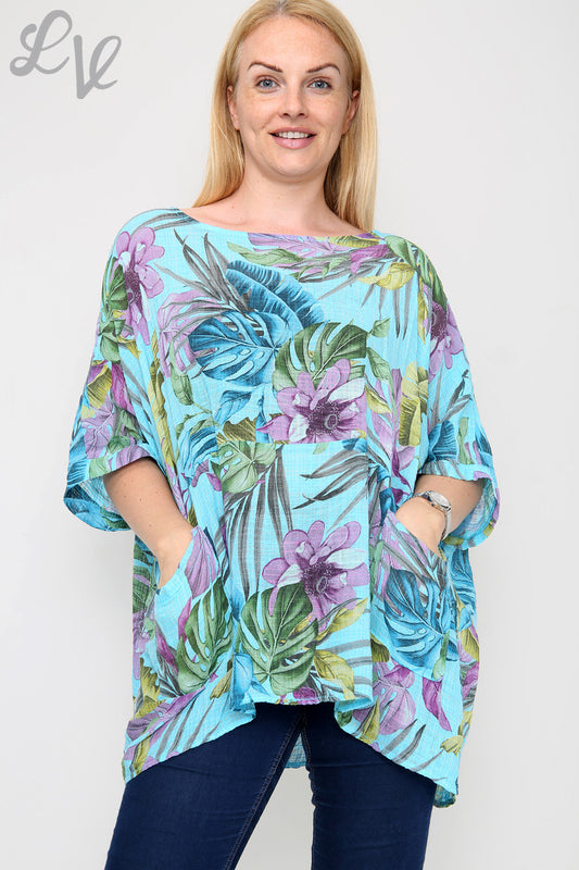 Ladies Tropical Print Top Turquoise - Unit Price £9.99