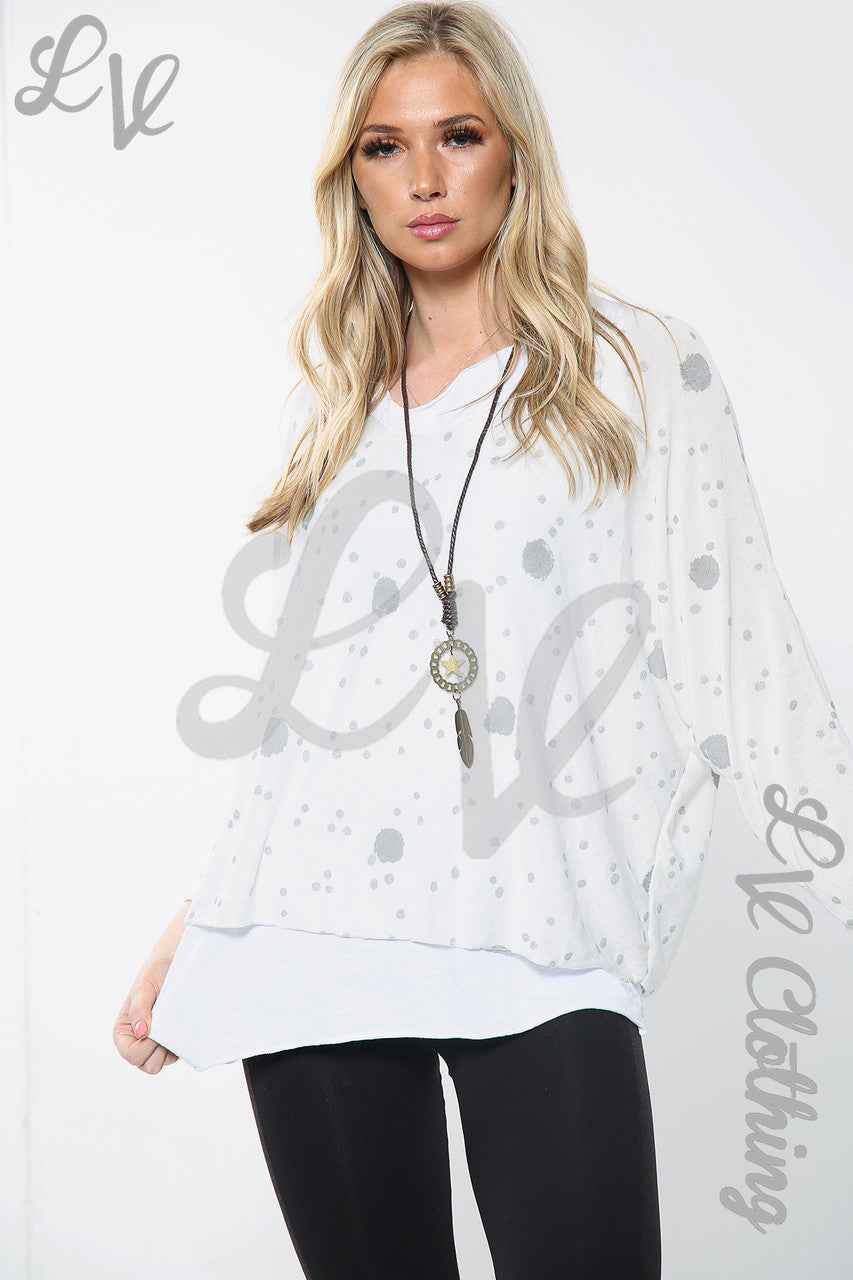 Dames Top met dubbele laag, stippenprint en ketting, Wit Eenheidsprijs € 11,99