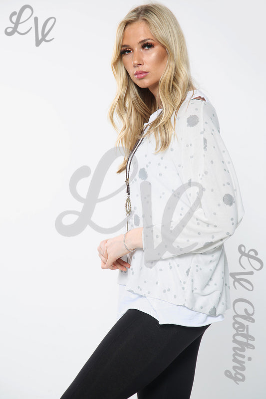 Ladies Twin Layer Spot Print Top With Necklace White Unit Price £11.99