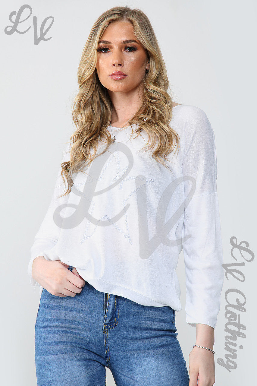 Ladies Shimmer Star Embroidered Top White - Unit Price £11.99