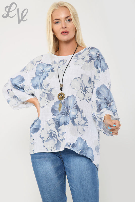 Ladies Flower Print Top With Necklace White - Unit Price £9.99