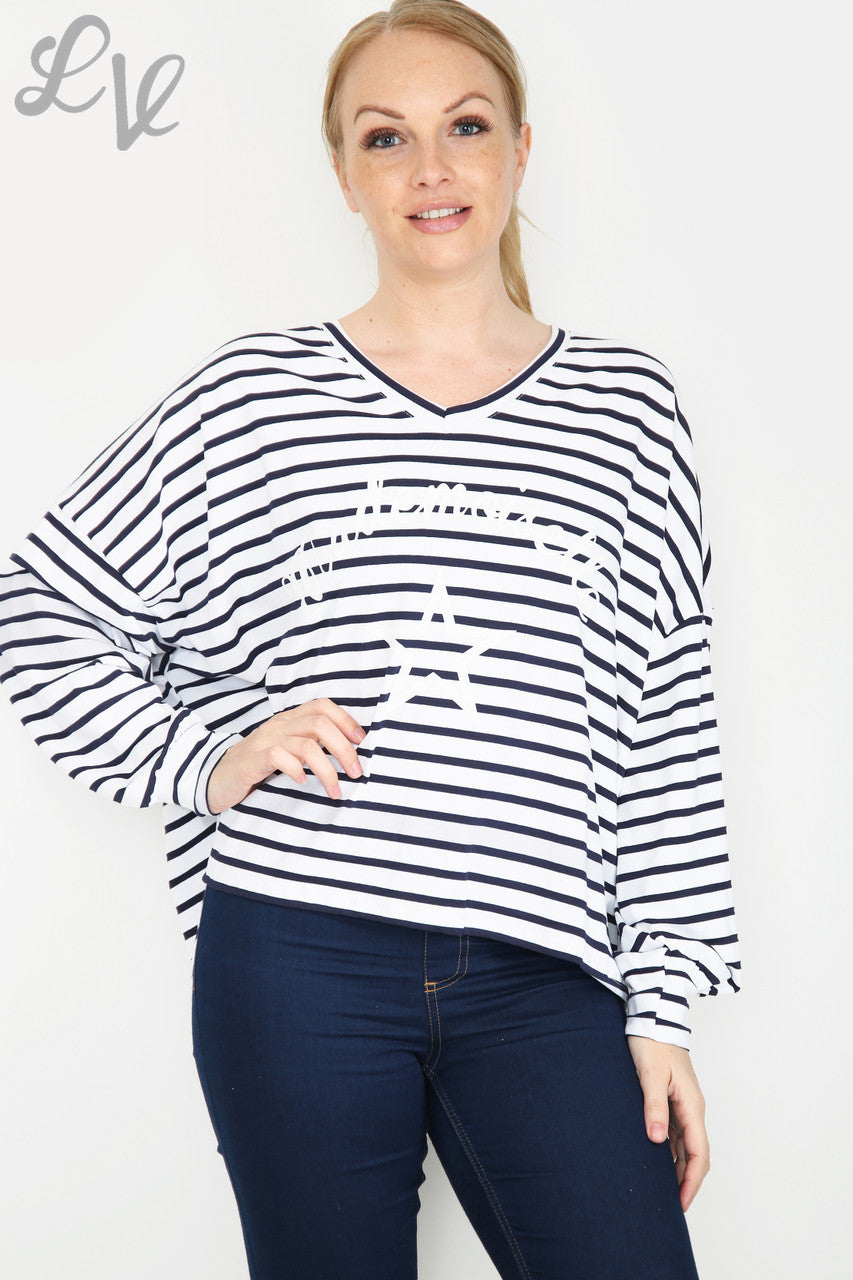 Dames Mademoiselle Star Striped Top Wit Stukprijs £ 9,99