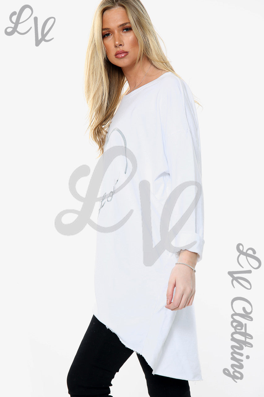Dames Folie Hart Liefde Grafische Sweatshirt Top Wit Stukprijs £12,99
