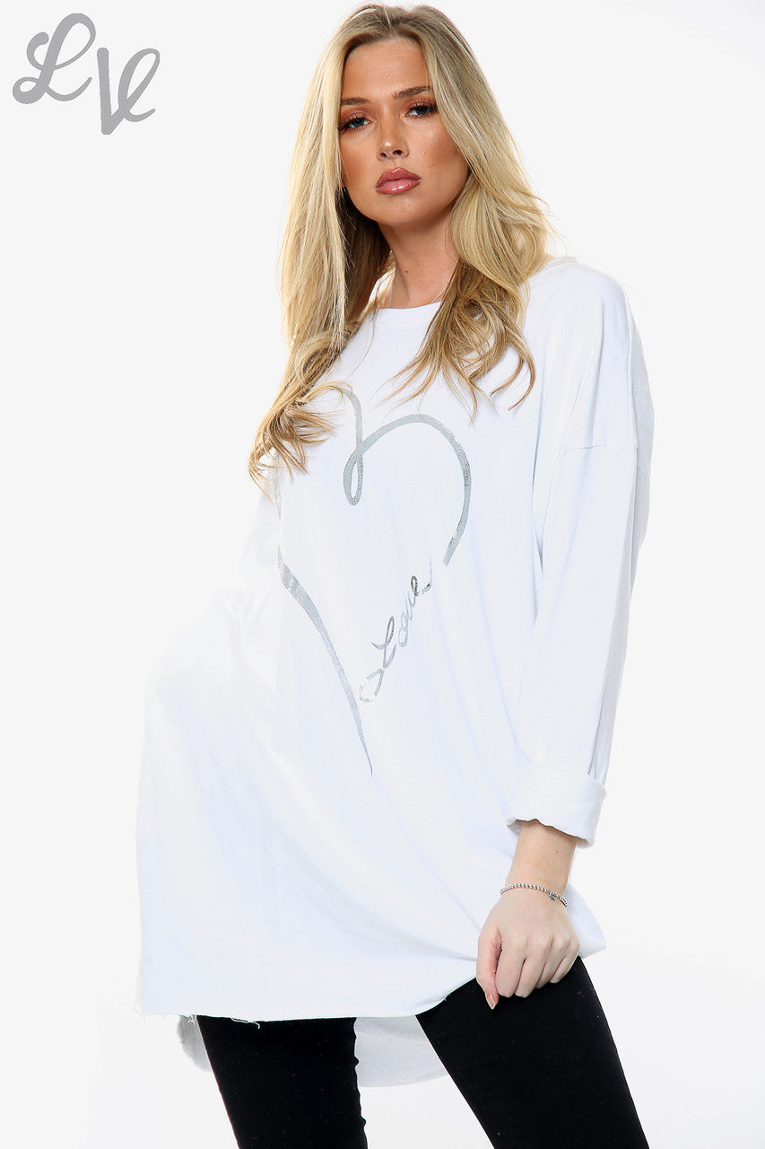 Dames Folie Hart Liefde Grafische Sweatshirt Top Wit Stukprijs £12,99