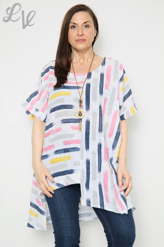 Ladies Paint Stripes Print Asymmetrical Top White Unit Price £8.99