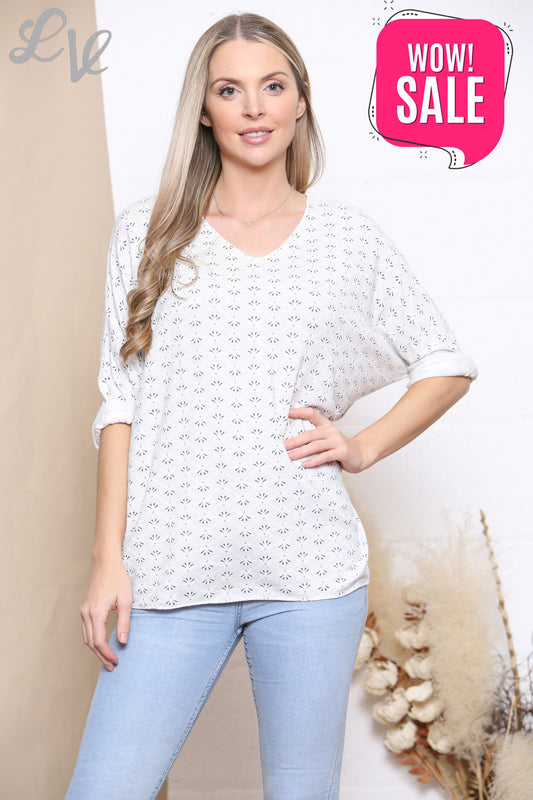 Ladies Ditsy Print Fine Knit Jumper Top White