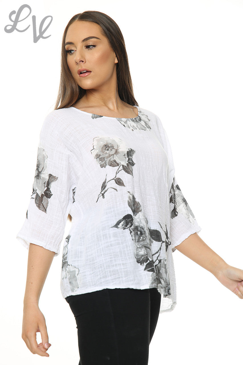 Ladies Flower Sketch Simple Top White Unit Price £7.99
