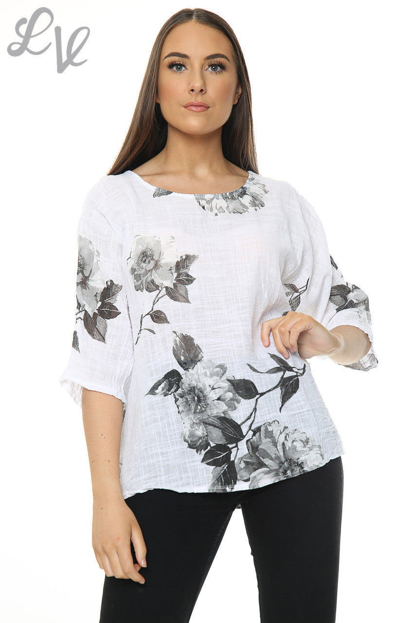Ladies Flower Sketch Simple Top White Unit Price £7.99