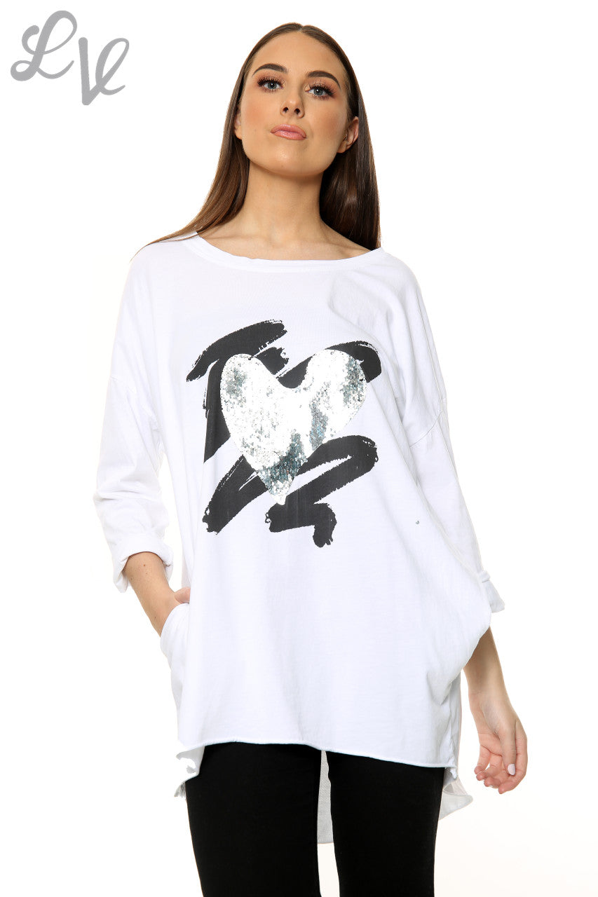 Dames Squiggle Love Heart Top Wit Stukprijs € 10,99