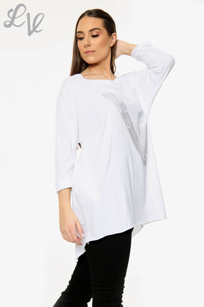 Ladies Dimante Love Top White Unit Price WAS £12.99 NOW £6.49