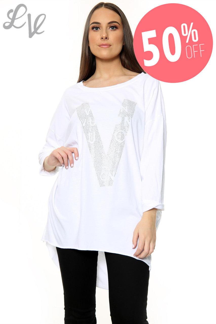 Ladies Dimante Love Top White Unit Price WAS £12.99 NOW £6.49