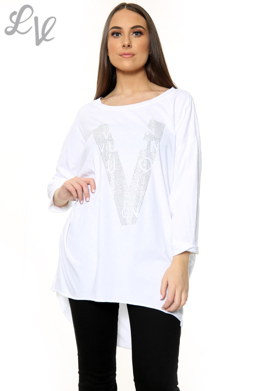 Ladies Dimante Love Top White Unit Price WAS £12.99 NOW £6.49