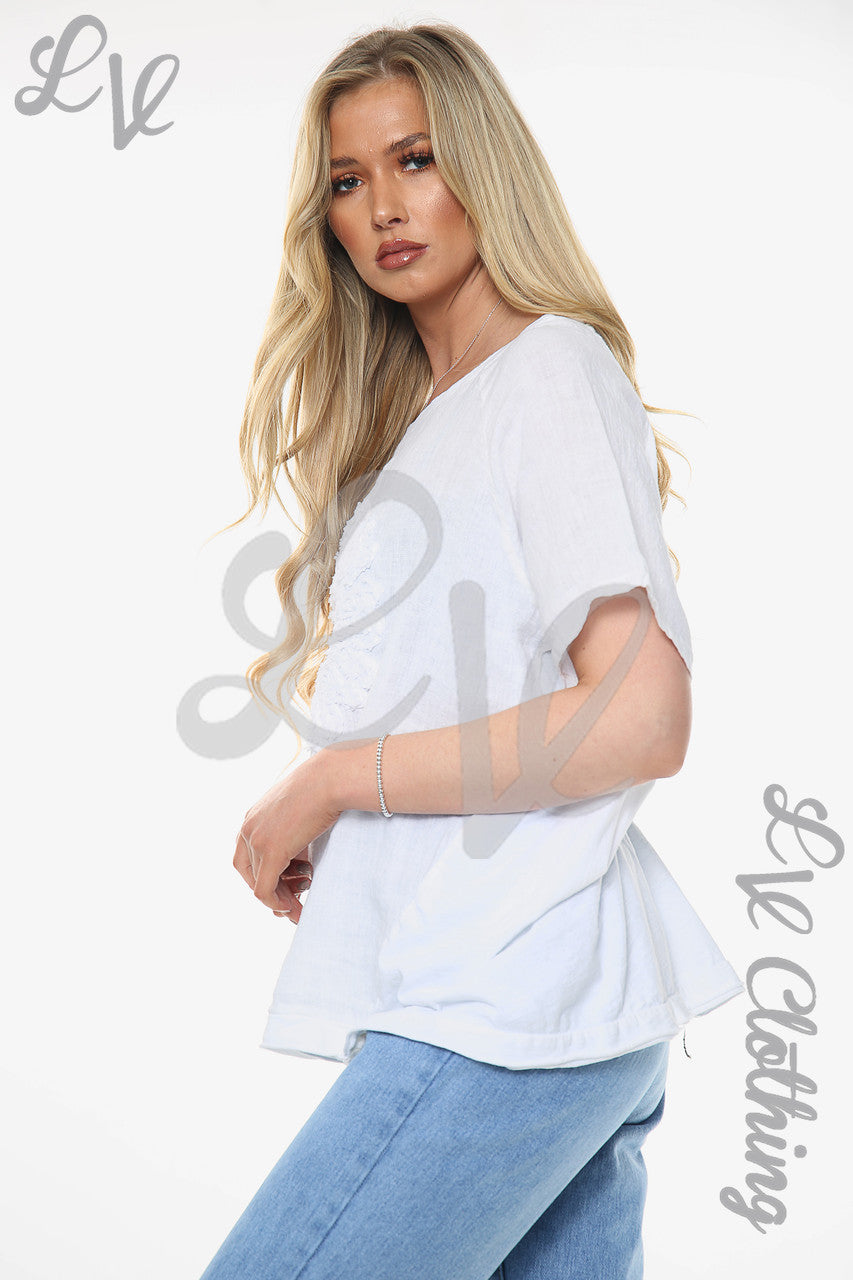 Dames Linnen Top Met Bloemenapplique Wit Stukprijs € 12,99