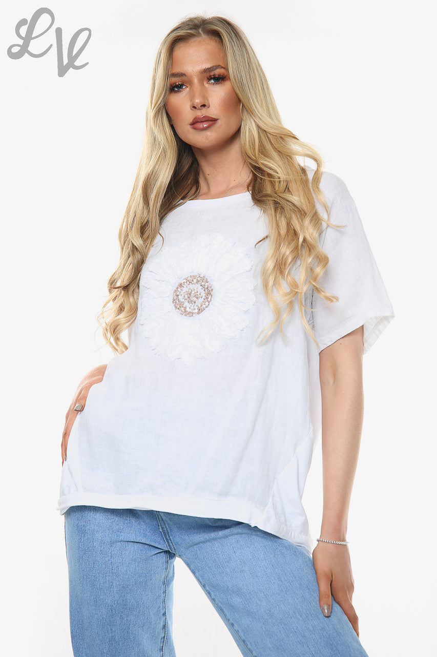 Dames Linnen Top Met Bloemenapplique Wit Stukprijs € 12,99
