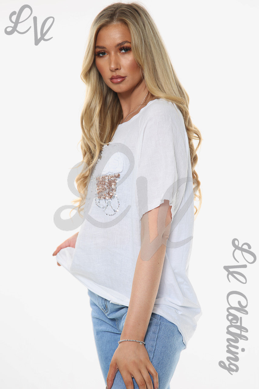 Dames Linnen Fiets Applicatie Top Wit Eenheidsprijs € 9,99