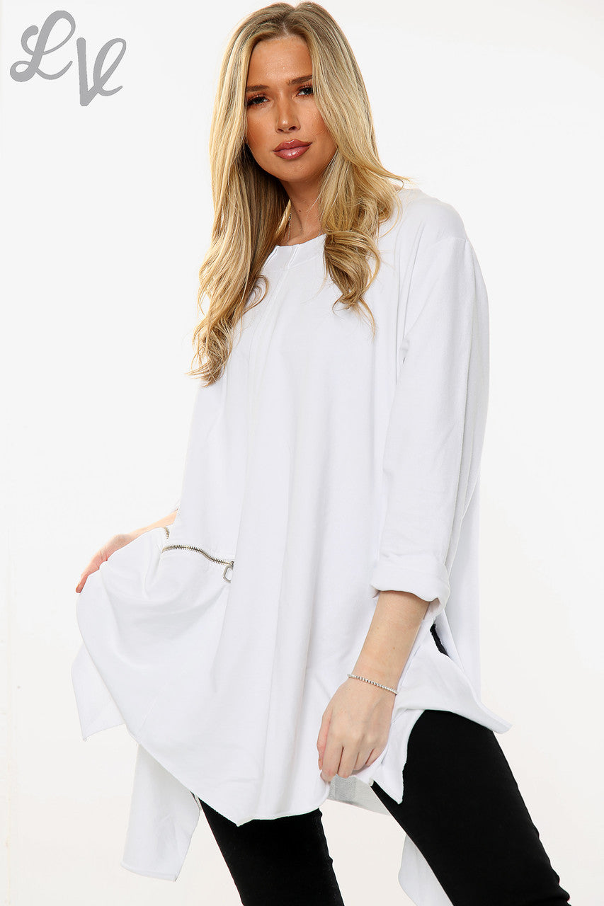 Ladies Draped Hem & Zip Detail Sweatshirt Top White Unit Price WAS £11.99 NOW £5.99
