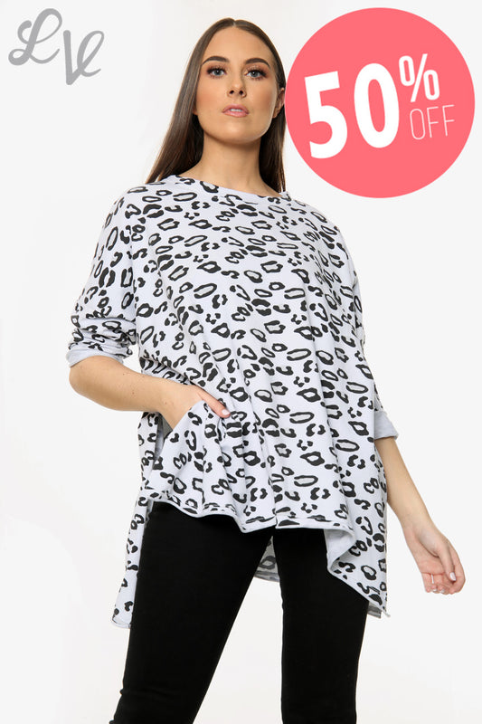 Ladies Leopard Print Drop Back Hem Sweatshirt White Unit Price WAS £10.99 NOW £5.49