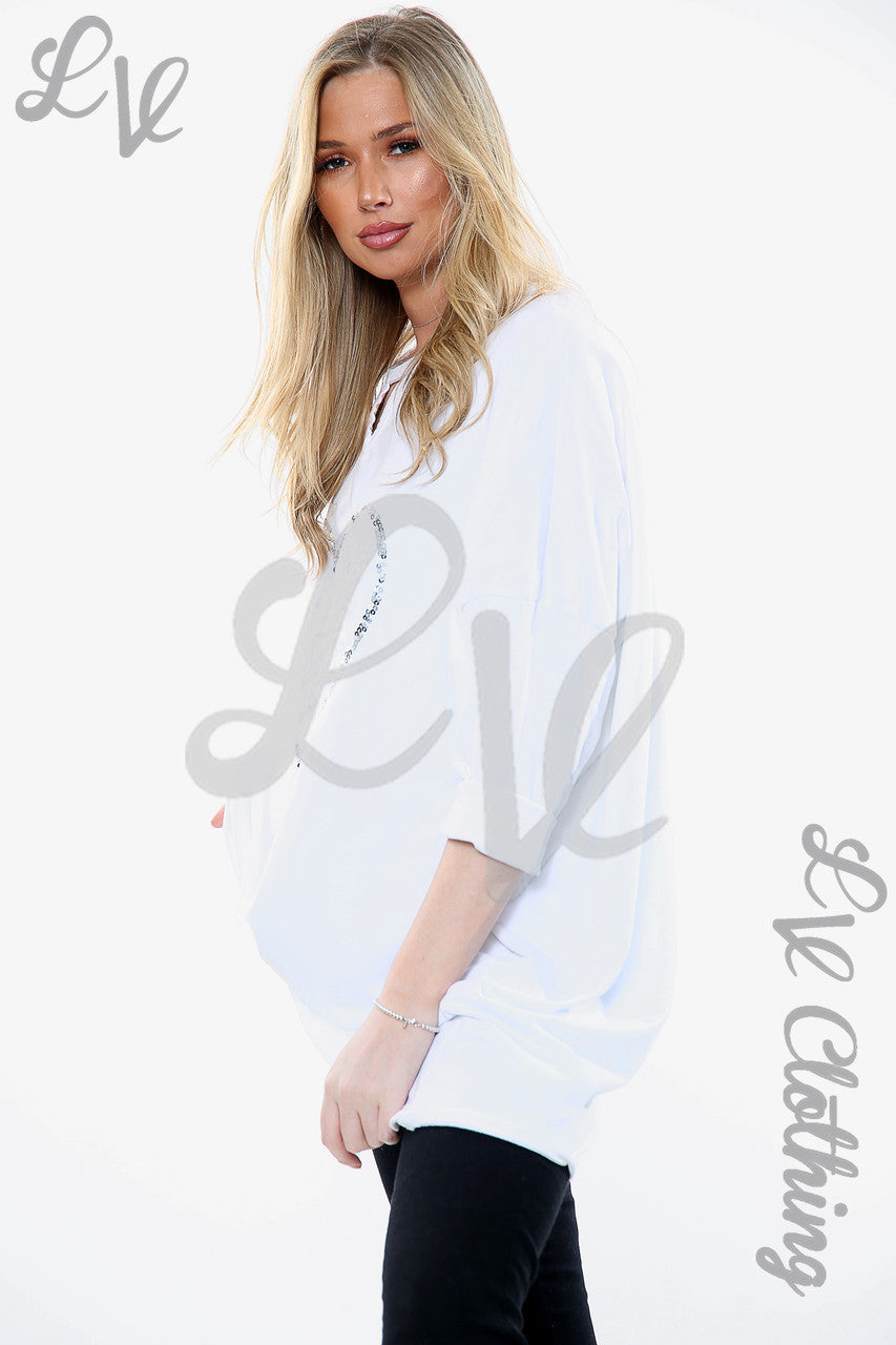 Dames Applicatie Ruche Folie Hart Sweatshirt Top Wit Stukprijs € 15,99