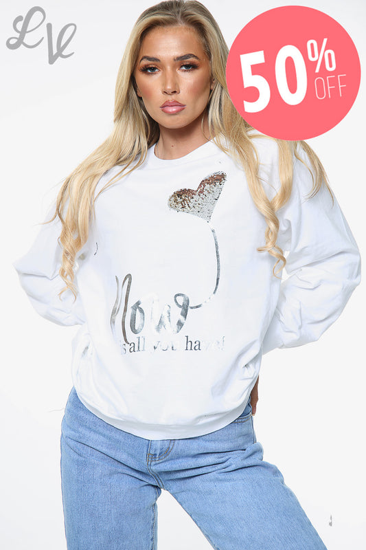 Ladies 'Now Is All You Have' Foil Graphic Top White Unit Price WAS £14.99 NOW £7.49