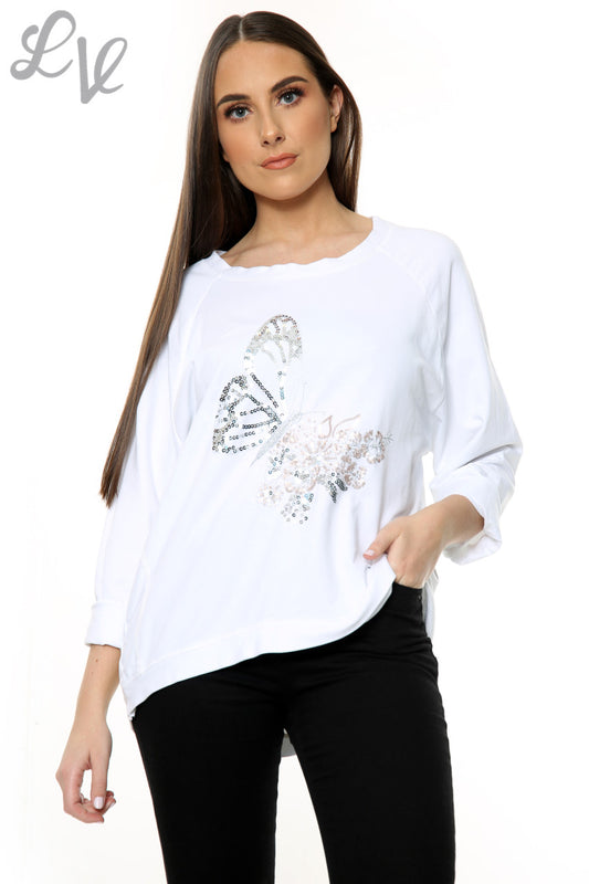 Ladies Sequin Butterfly Detail Top White Unit Price £13.99