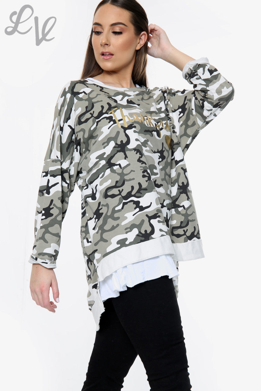 Dames Thankful Script Camouflage Sweatshirt Wit Stukprijs WAS £13.99 NU £6.99