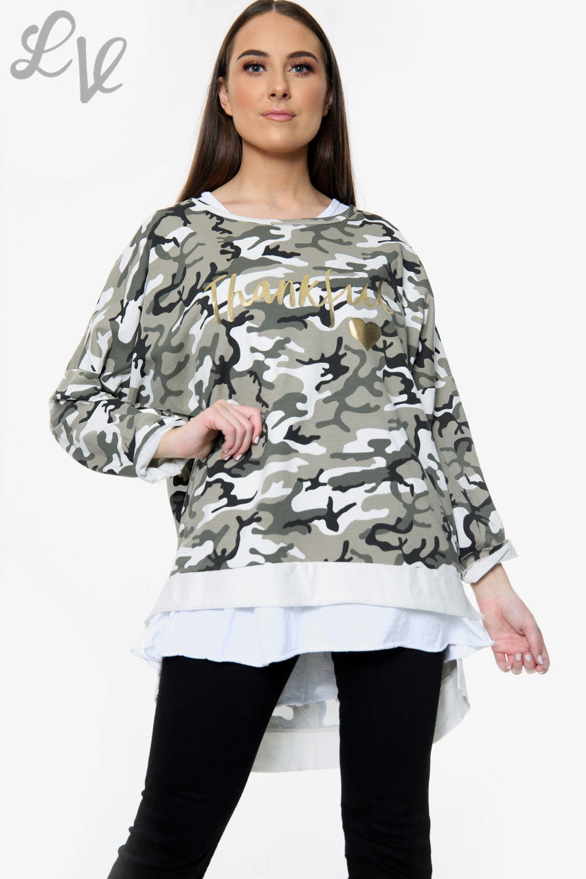 Dames Thankful Script Camouflage Sweatshirt Wit Stukprijs WAS £13.99 NU £6.99