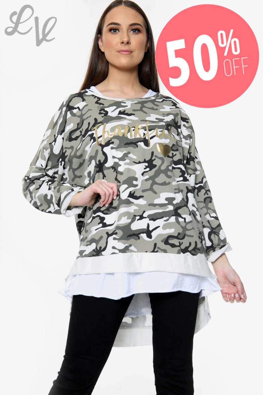 Dames Thankful Script Camouflage Sweatshirt Wit Stukprijs WAS £13.99 NU £6.99