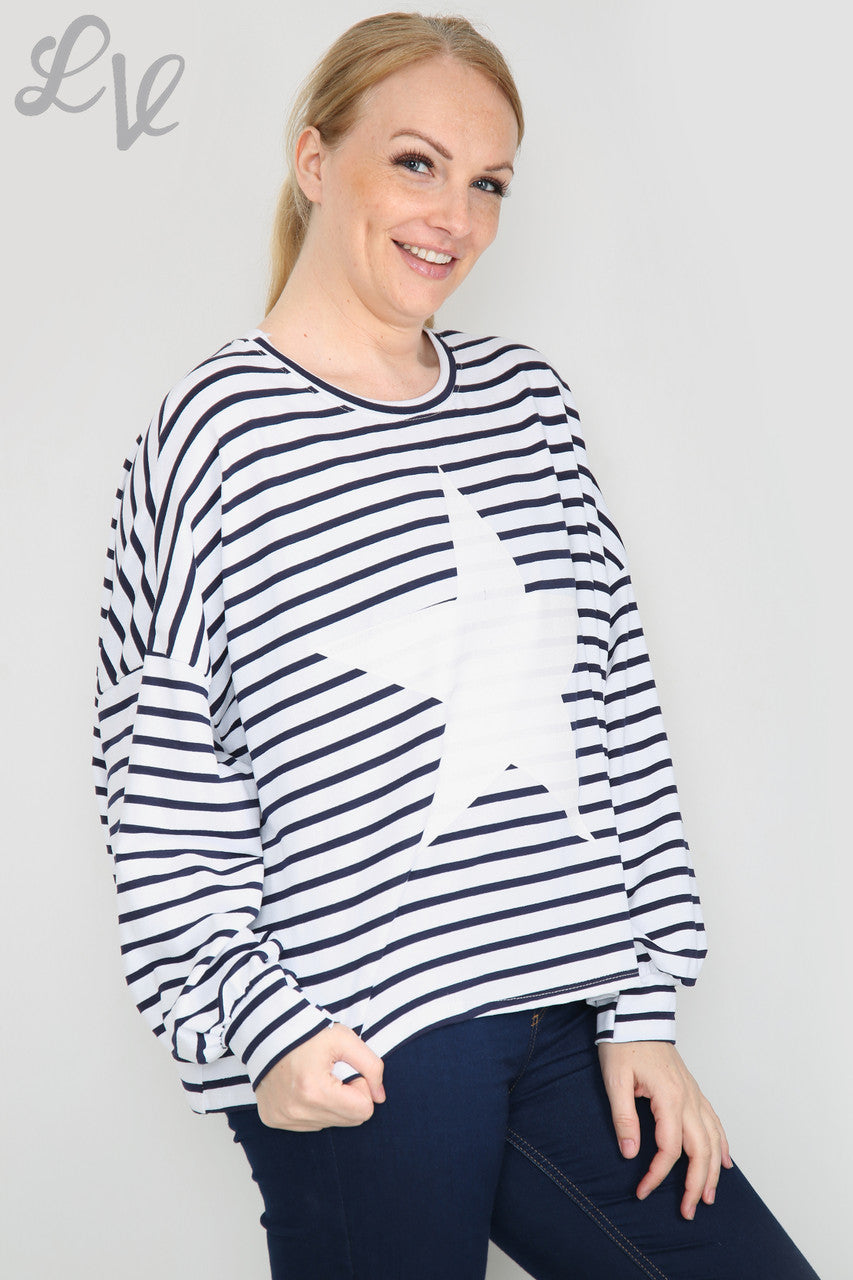 Ladies Stripe Star Long Sleeve Top White Unit Price WAS £9.99 NOW £5