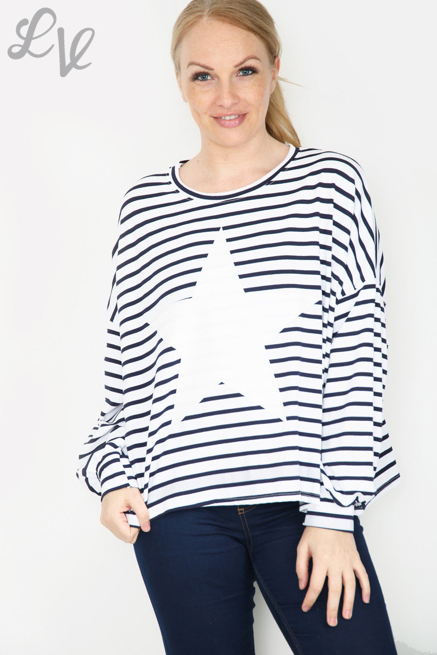 Ladies Stripe Star Long Sleeve Top White Unit Price WAS £9.99 NOW £5