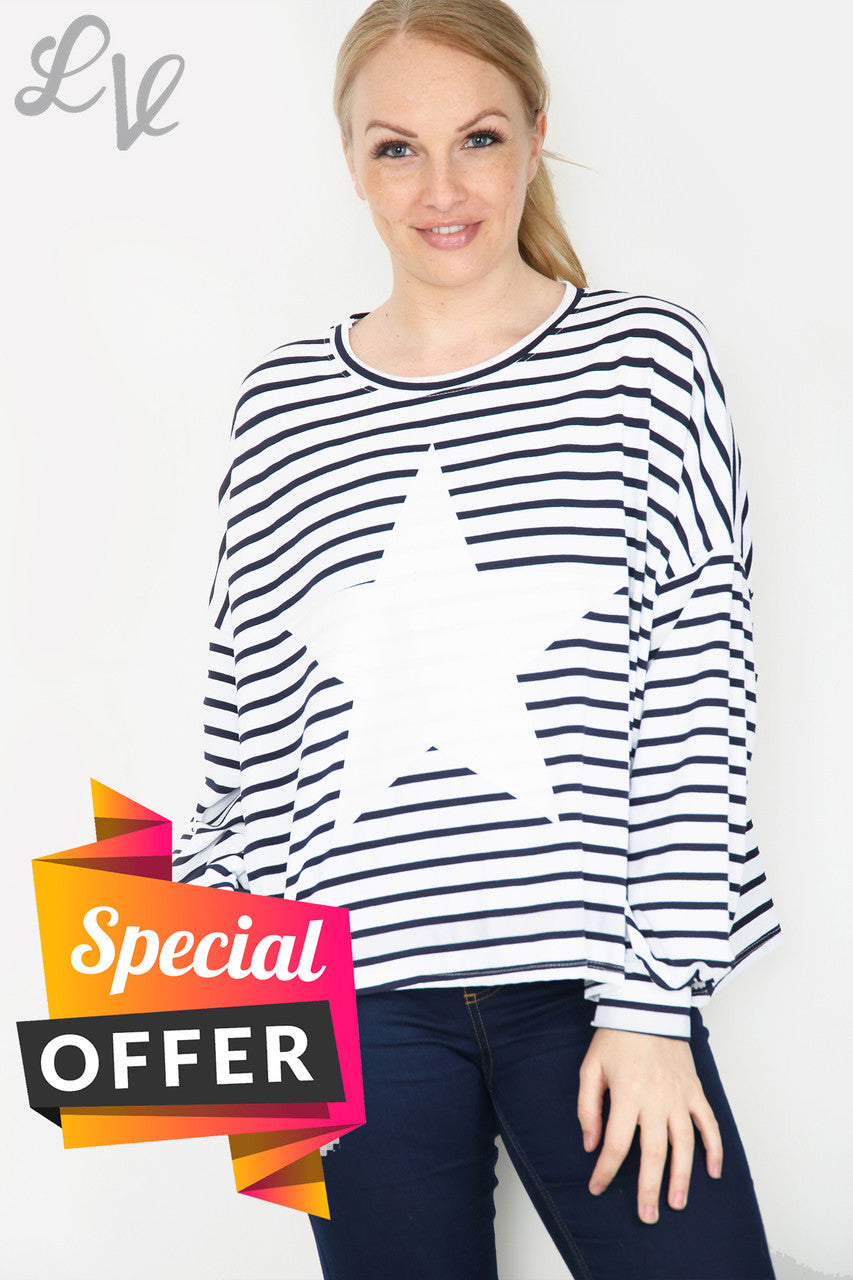 Ladies Stripe Star Long Sleeve Top White Unit Price WAS £9.99 NOW £5