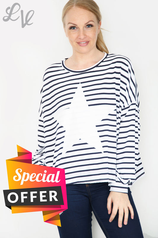 Ladies Stripe Star Long Sleeve Top White Unit Price WAS £9.99 NOW £5