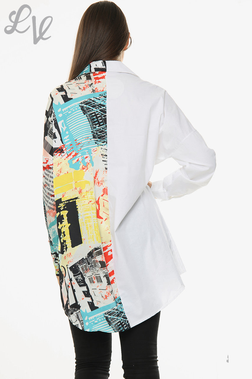 Dames Contrast Bedrukt Overhemd Wit Stukprijs €16,99