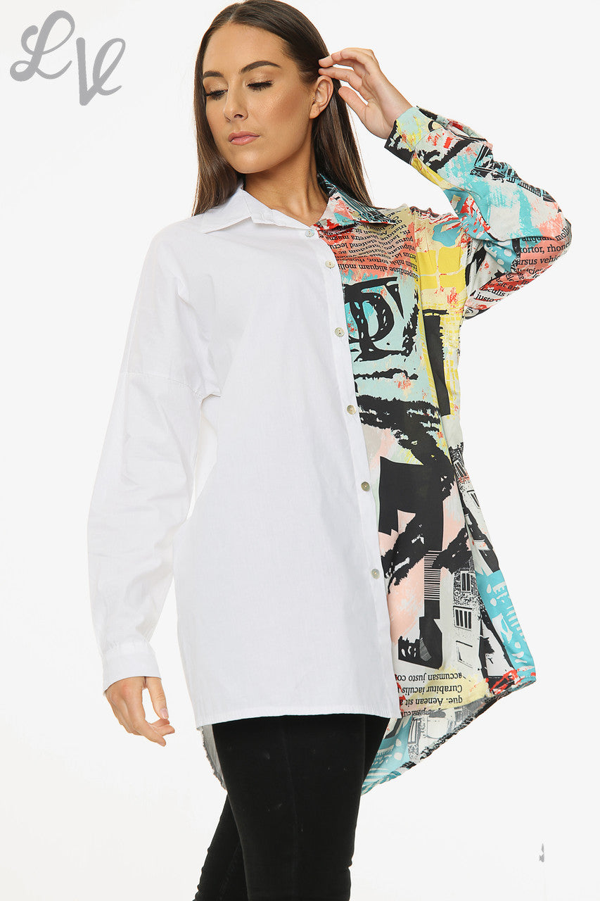 Dames Contrast Bedrukt Overhemd Wit Stukprijs €16,99