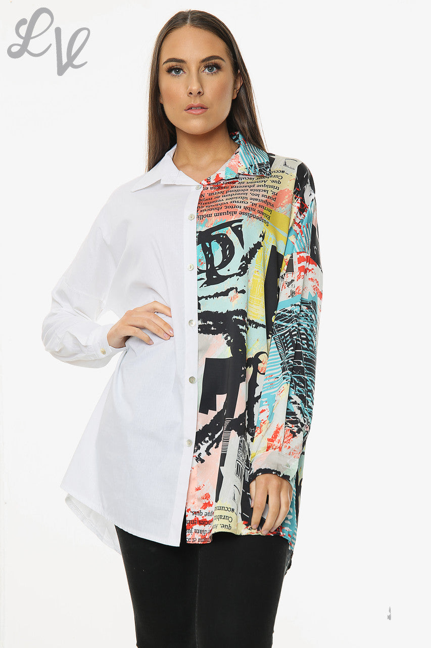 Dames Contrast Bedrukt Overhemd Wit Stukprijs €16,99