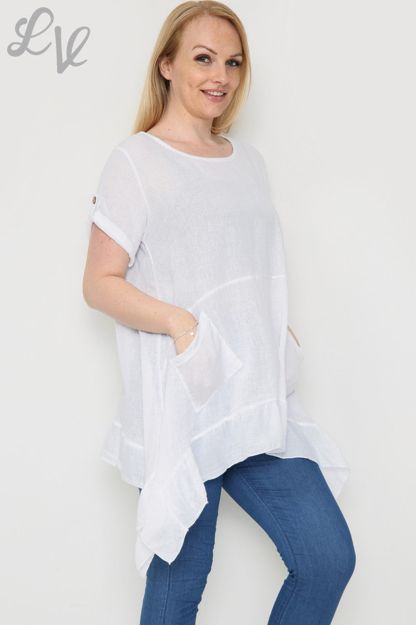 Dames wijde tuniek met ruches en zoom wit Prijs per stuk € 9,99
