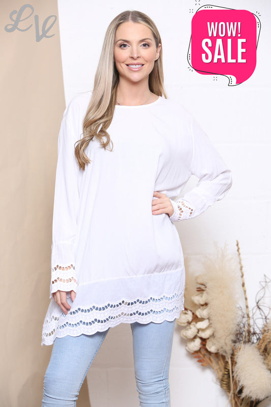 Ladies Lace Hem Bottom & Sleeves Top White