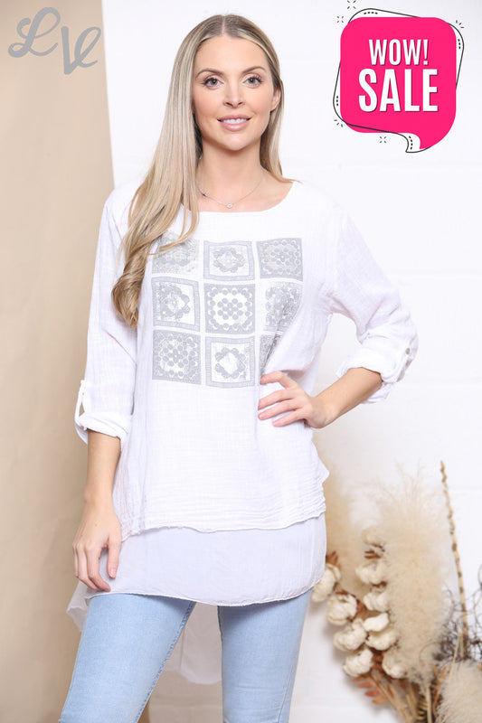 Ladies Mosaic Print Top White