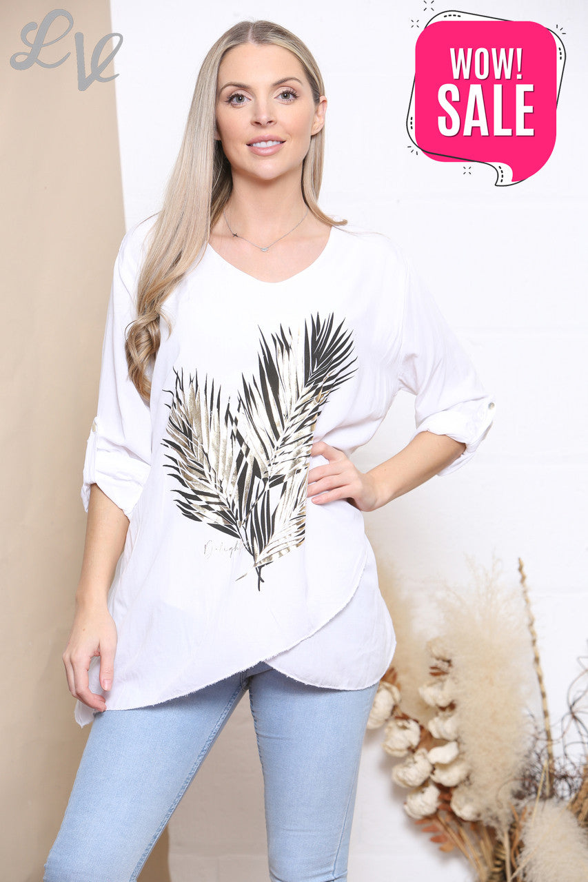 Ladies Foil Leaf Print Top White