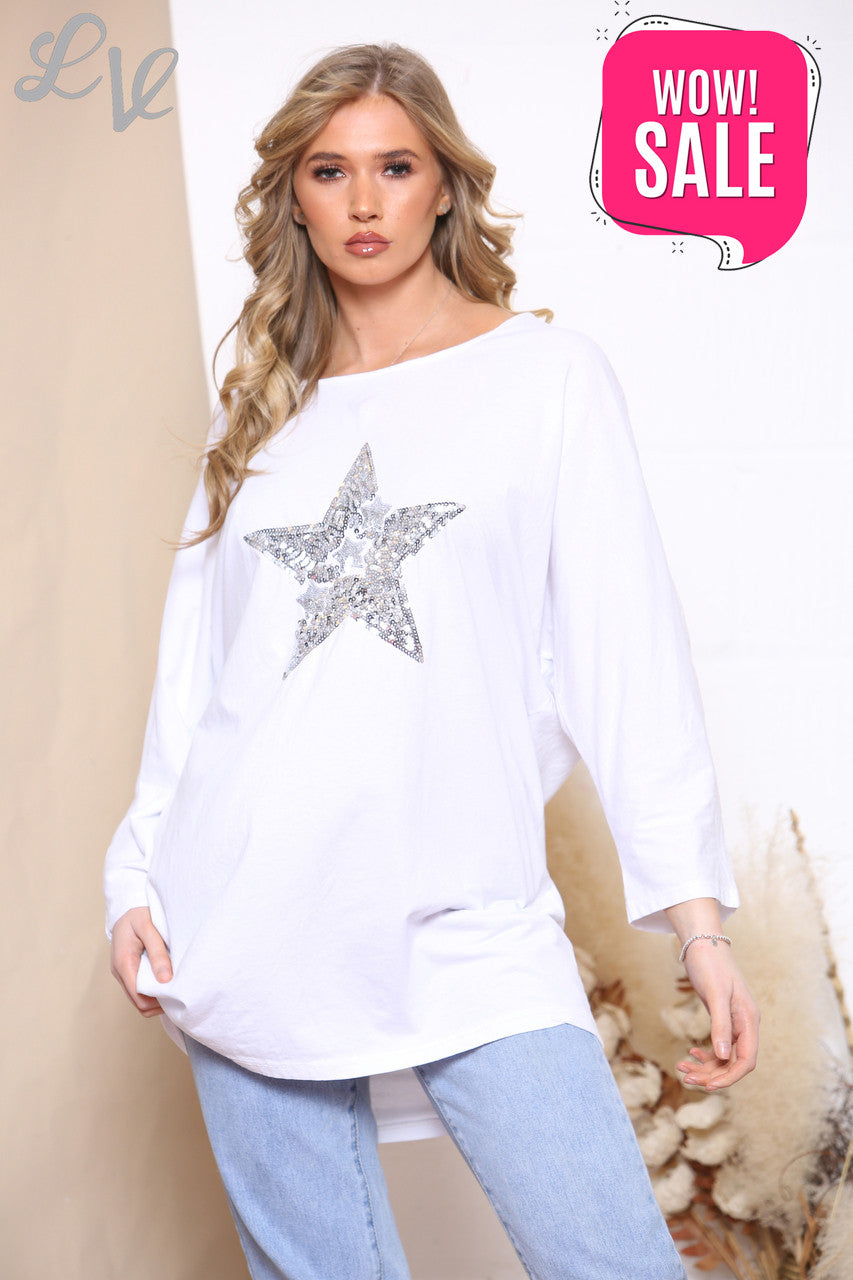 Ladies Star Front & Twist Back Detail Sweatshirt Top White