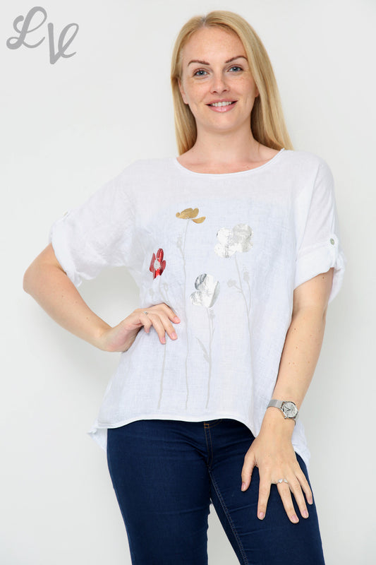 Ladies Foil Flowers Top White Unit Price £11.99