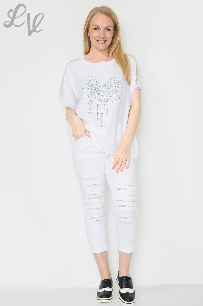 Dames Sequin Love Heart & Schouder Top Wit Stukprijs €8,99