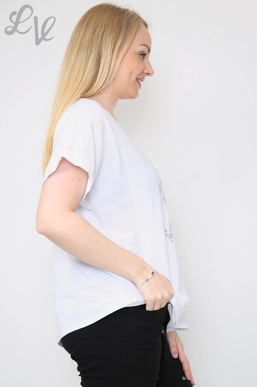 Dames top met bloemen, pailletten en applicaties Wit Stukprijs € 8,99