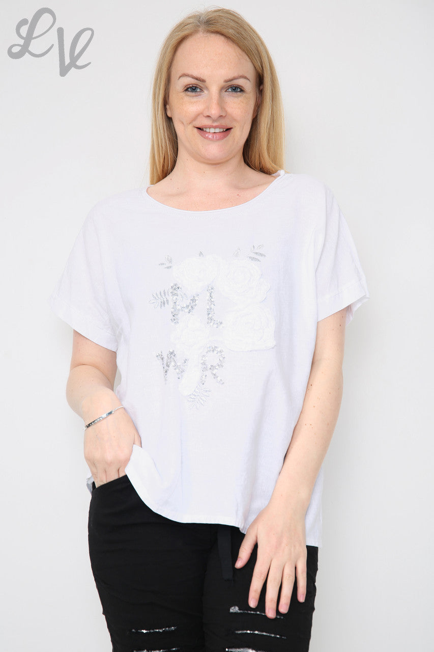 Dames top met bloemen, pailletten en applicaties Wit Stukprijs € 8,99