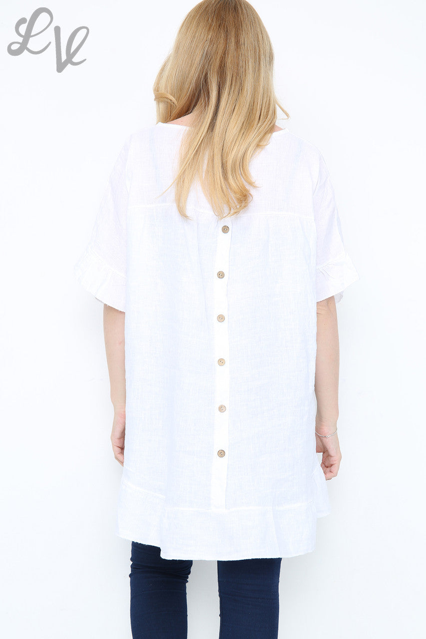 Dames top met volantzoom en knoopsluiting aan de achterkant Wit Prijs per stuk € 13,99