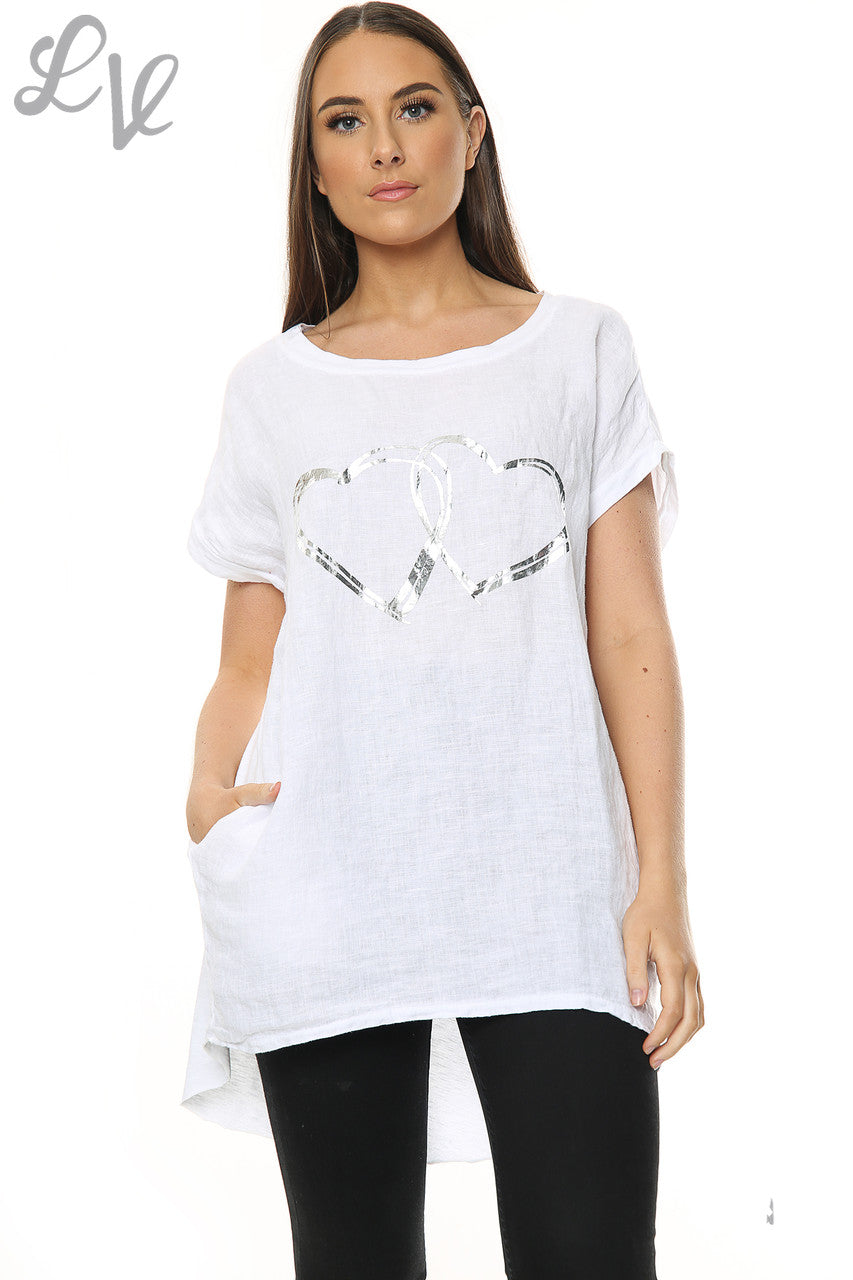 Dames Linnen Voorkant & Katoen Achterkant Folie Hartjes Top Wit Stukprijs £ 7,99