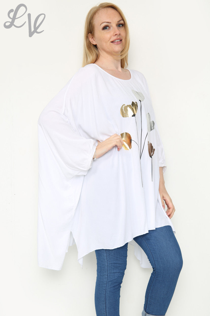 Ladies Foil Tulip Print Floaty Top White Unit Price £11.99