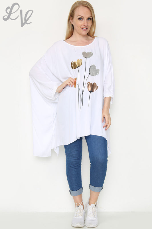 Ladies Foil Tulip Print Floaty Top White Unit Price £11.99