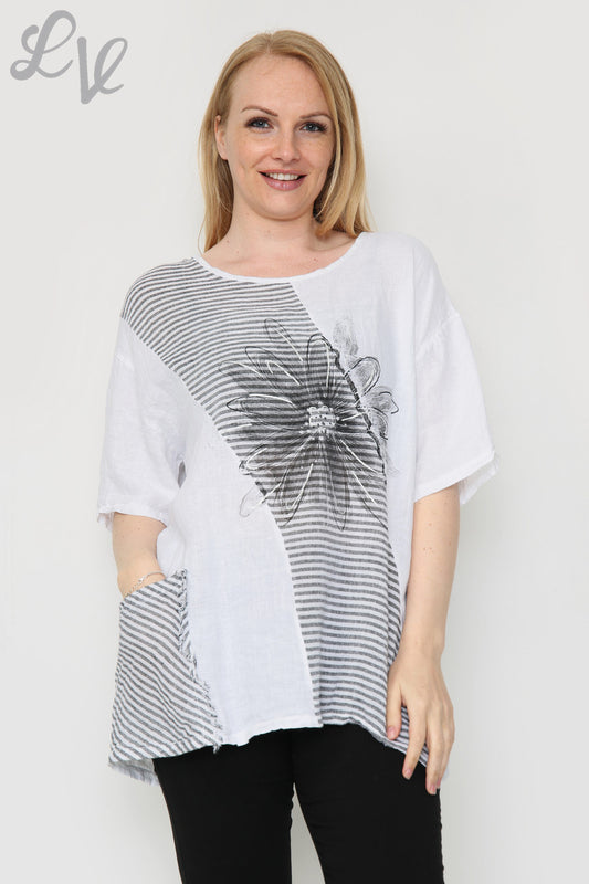 Ladies Floral Stripe Linen Top White Unit Price £13.99
